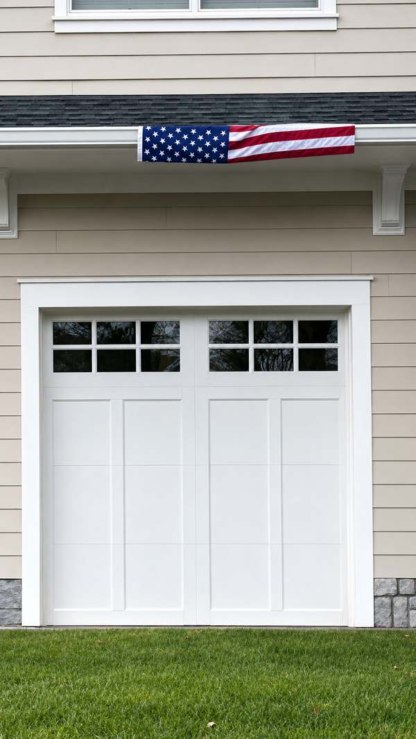White coachman-style garage door with windows